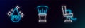 Set line Barbershop chair, Oil for care treatment and Shaving brush icon. Glowing neon. Vector