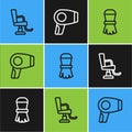 Set line Barbershop chair, Shaving brush and Hair dryer icon. Vector