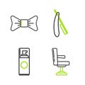 Set line Barbershop chair, Shaving gel foam, Straight razor and Bow tie icon. Vector