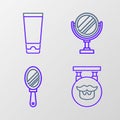 Set line Barbershop, Hand mirror, Round makeup and Cream lotion cosmetic tube icon. Vector
