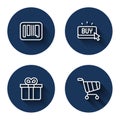 Set line Barcode, Buy button, Gift box and Shopping cart with long shadow. Blue circle button. Vector Royalty Free Stock Photo
