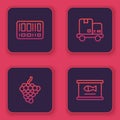Set line Barcode, Grape fruit, Hand truck and boxes and Canned fish. Blue square button. Vector Royalty Free Stock Photo