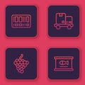 Set line Barcode, Grape fruit, Hand truck and boxes and Canned fish. Blue square button. Vector