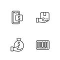 Set line Barcode, Money bag, Mobile shopping and Delivery hand with box icon. Vector Royalty Free Stock Photo