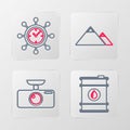 Set line Barrel oil, Car DVR, Mountains and Clock and gear icon. Vector Royalty Free Stock Photo