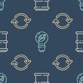 Set line Barrel, Refresh and Light bulb with leaf on seamless pattern. Vector