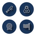 Set line Baseball bat with ball, Weight, Medal star and Checkered flag with long shadow. Blue circle button. Vector Royalty Free Stock Photo