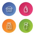 Set line Basin with soap suds, Bottle for cleaning agent, Laundry detergent and Water spray bottle. Color circle button