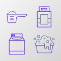 Set line Basin with soap suds, Washer, Laundry detergent and Washing powder icon. Vector