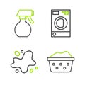 Set line Basin with soap suds, Water spill, Washer and spray bottle icon. Vector