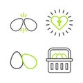 Set line Basket with easter eggs, Easter, Christian cross and heart and icon. Vector Royalty Free Stock Photo