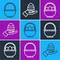 Set line Basket, Basket with easter eggs and Human hand and easter egg icon. Vector Royalty Free Stock Photo
