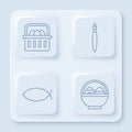 Set line Basket with easter eggs, Paint brush, Christian fish and Basket with easter eggs. White square button. Vector Royalty Free Stock Photo