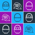 Set line Basket with easter eggs, Basket and Speech bubble with happy easter icon. Vector Royalty Free Stock Photo