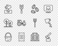 Set line Basket, Wooden axe, Seeds, Pack full of seeds of plant, Tractor, Granary and Watering can icon. Vector