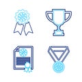 Set line Basketball award, Award cup with basketball, Hand and Certificate icon. Vector