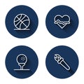 Set line Basketball ball, Heart rate, Golf on tee and Torch flame with long shadow. Blue circle button. Vector Royalty Free Stock Photo