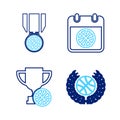 Set line Basketball game video, Award cup, on sport calendar and medal icon. Vector Royalty Free Stock Photo