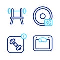 Set line Bathroom scales, Fitness app, Weight plate and Bench with barbell icon. Vector