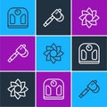 Set line Bathroom scales, Flower and Wooden axe icon. Vector Royalty Free Stock Photo