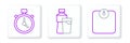 Set line Bathroom scales, Stopwatch and Bottle of water with glass icon. Vector