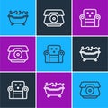 Set line Bathtub, Armchair and Telephone handset icon. Vector