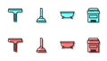 Set line Bathtub, Rubber cleaner, plunger and Antiperspirant deodorant roll icon. Vector