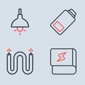 Set line Battery charge, Electric cable, Book about electricity and Lamp hanging icon. Vector