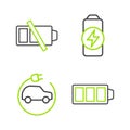 Set line Battery charge, Electric car, and Low battery icon. Vector