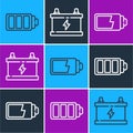 Set line Battery charge level indicator, Battery charge level indicator and Car battery icon. Vector Royalty Free Stock Photo