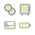 Set line Battery charge level indicator, Credit card, Safe and Coin money with dollar symbol icon. Vector
