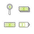 Set line Battery charge level indicator, Stacks paper money cash, and Magnifying glass and dollar symbol icon. Vector Royalty Free Stock Photo