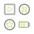 Set line Battery charge level indicator, Star, Pause button and Play square icon. Vector