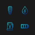 Set line Battery, Electric car charging station, LED light bulb and Water energy. Gradient color icons. Vector Royalty Free Stock Photo