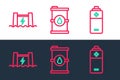 Set line Battery, Hydroelectric dam and Bio fuel barrel icon. Vector