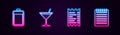 Set line Battery, Martini glass, Paper or financial check and Notebook. Glowing neon icon. Vector