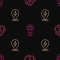 Set line Battery with recycle, Lightning bolt and bulb lightning on seamless pattern. Vector