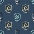 Set line Battery, Recycle symbol inside shield and Shield with leaf on seamless pattern. Vector Royalty Free Stock Photo