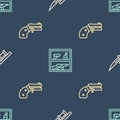 Set line Bayonet on rifle, Small gun revolver and Hunting shop weapon on seamless pattern. Vector