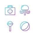 Set line Beach ball, Lollipop, First aid kit and Jellyfish. Gradient color icons. Vector