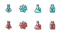 Set line Beaker with toxic liquid, Bottle potion, Bacteria and Poisoned pill icon. Vector