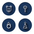 Set line Bear head, Lollipop, Circus fire hoop and Party hat with long shadow. Blue circle button. Vector Royalty Free Stock Photo