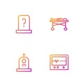 Set line Beat dead in monitor, Grave with tombstone, and Dead body the morgue. Gradient color icons. Vector