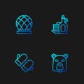 Set line Beaver animal, Christmas mitten, Montreal Biosphere and Syrup with pancakes. Gradient color icons. Vector