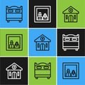 Set line Bedroom, Church building and Family photo icon. Vector