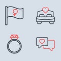 Set line Bedroom, Diamond engagement ring, Heart speech bubble and Feminist activist icon. Vector