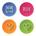 Set line Bedroom, Plate, fork and knife, Heart and Broken heart divorce. Color circle button. Vector