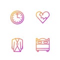 Set line Bedroom, Suit, Clock and Broken heart or divorce. Gradient color icons. Vector
