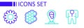 Set line Beekeeper costume, Honeycomb bee location, and Flower icon. Vector