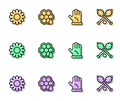 Set line Beekeeper glove, Flower, Honeycomb and dipper stick icon. Vector